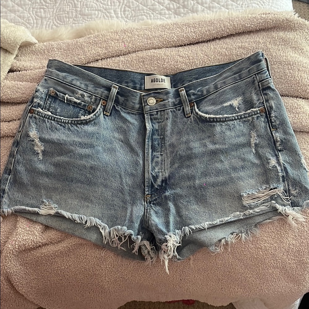 Agolde Parker Blue Jean Shorts Distressed Raw Hem